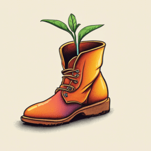 A lone seedling growing out of a boot.