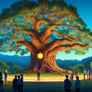 A majestic oak tree with a glowing brand logo carved into its trunk, surrounded by lush greenery and a clear blue sky. People are admiring the tree and taking pictures.