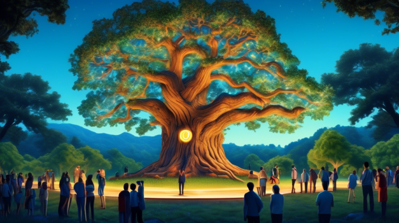 A majestic oak tree with a glowing brand logo carved into its trunk, surrounded by lush greenery and a clear blue sky. People are admiring the tree and taking pictures.