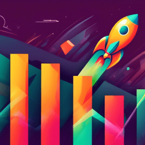 A rocket ship launching upwards with a bar graph growing on its side, symbolizing business growth and scaling.