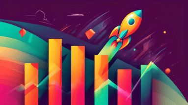 A rocket ship launching upwards with a bar graph growing on its side, symbolizing business growth and scaling.