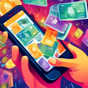 A hand holding up a small business plan on a phone screen, surrounded by hands holding diverse currencies and credit cards, all reaching towards the phone with a bright light shining from above.