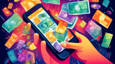 A hand holding up a small business plan on a phone screen, surrounded by hands holding diverse currencies and credit cards, all reaching towards the phone with a bright light shining from above.