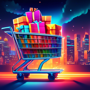 A giant shopping cart overflowing with glowing packages, towering over a cityscape at night.