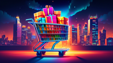 A giant shopping cart overflowing with glowing packages, towering over a cityscape at night.