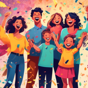 A family celebrating with confetti raining down, holding keys to their new home, with a Rent-to-Own contract playfully torn in half behind them.