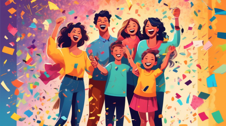 A family celebrating with confetti raining down, holding keys to their new home, with a Rent-to-Own contract playfully torn in half behind them.