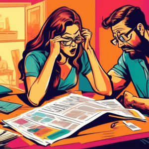 A confused couple overwhelmed by paperwork sitting at a table with a magnifying glass searching for Rent-to-Own Experts in a phone book.