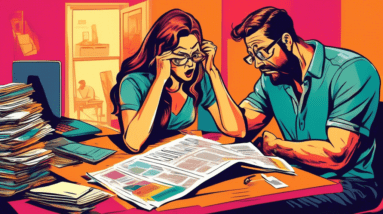 A confused couple overwhelmed by paperwork sitting at a table with a magnifying glass searching for Rent-to-Own Experts in a phone book.