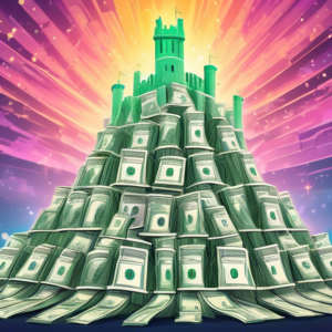 A majestic castle made of stacks of dollar bills with a shining startup company logo on the highest tower.