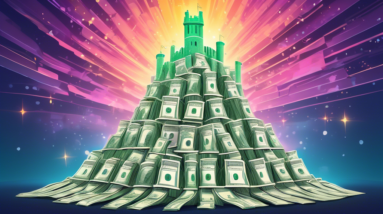 A majestic castle made of stacks of dollar bills with a shining startup company logo on the highest tower.