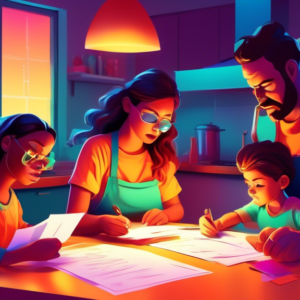 A family sitting at a kitchen table looking stressed at paperwork with a key on the table glowing brightly.