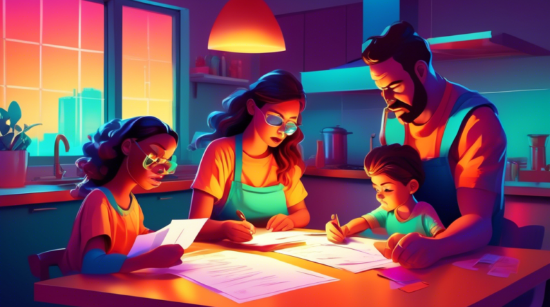 A family sitting at a kitchen table looking stressed at paperwork with a key on the table glowing brightly.