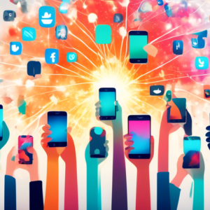 A hand holding a smartphone with a glowing network of people and social media icons exploding outward.