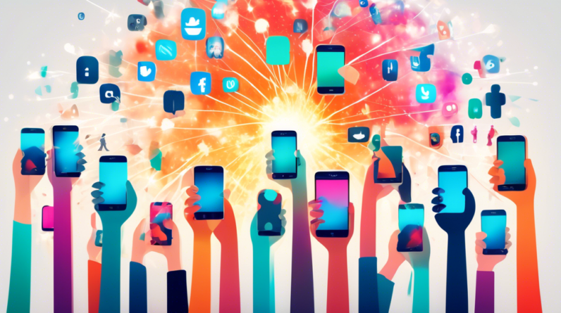 A hand holding a smartphone with a glowing network of people and social media icons exploding outward.