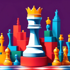 A king chess piece wearing a crown, surrounded by perfectly organized boxes and products, with a rising bar graph in the background.