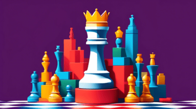 A king chess piece wearing a crown, surrounded by perfectly organized boxes and products, with a rising bar graph in the background.