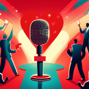 A microphone with a spotlight shining on it and a red carpet leading towards it with a crowd of cheering people holding signs saying We love [Business Name].