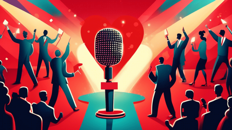 A microphone with a spotlight shining on it and a red carpet leading towards it with a crowd of cheering people holding signs saying We love [Business Name].