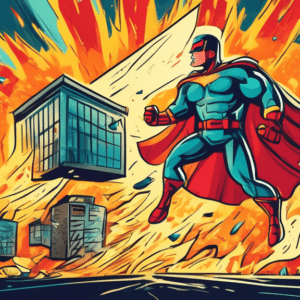 A superhero business owner protecting their shop with a giant insurance policy shield from a barrage of hazards like fire, flood, and theft.