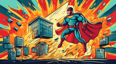 A superhero business owner protecting their shop with a giant insurance policy shield from a barrage of hazards like fire, flood, and theft.