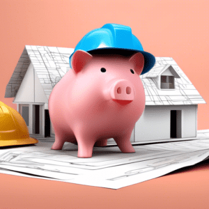 A piggy bank wearing a construction hat, sitting inside of a house outline formed by insurance policy documents.