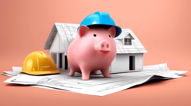 A piggy bank wearing a construction hat, sitting inside of a house outline formed by insurance policy documents.