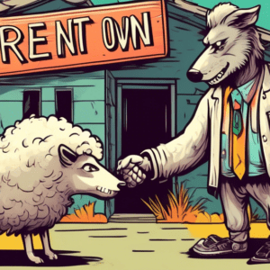 A wolf in sheep's clothing shaking hands with a person holding a key in front of a dilapidated house, with the words RENT TO OWN in bold letters on a sign.