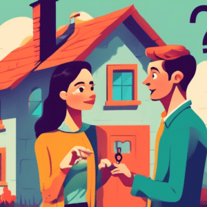 A young couple holding keys in front of a charming cottage with a giant question mark floating above the chimney