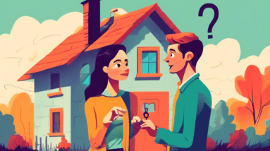 A young couple holding keys in front of a charming cottage with a giant question mark floating above the chimney