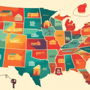 A map of the United States with a house key forming a price tag on each state, illustrating different rent-to-own market prices.