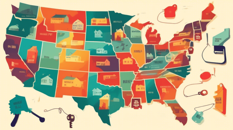 A map of the United States with a house key forming a price tag on each state, illustrating different rent-to-own market prices.