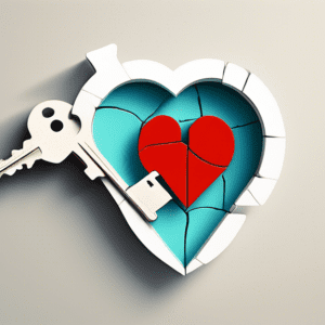 A key with a cracked heart shape being pieced back together by a house silhouette.