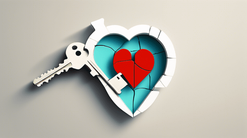 A key with a cracked heart shape being pieced back together by a house silhouette.