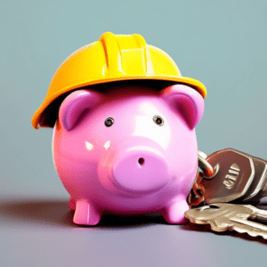 A piggy bank wearing a construction hat sitting on top of a stack of house keys.