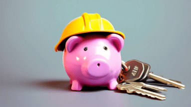 A piggy bank wearing a construction hat sitting on top of a stack of house keys.