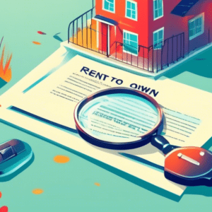 A magnifying glass inspecting a contract with the words Rent-to-Own on it, next to a house with a key in the door.