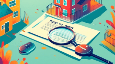 A magnifying glass inspecting a contract with the words Rent-to-Own on it, next to a house with a key in the door.