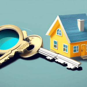 A house key split down the middle, one side gold labeled Rent-to-Own and the other side silver labeled Mortgage, with a giant magnifying glass examining it.