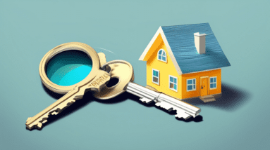 A house key split down the middle, one side gold labeled Rent-to-Own and the other side silver labeled Mortgage, with a giant magnifying glass examining it.