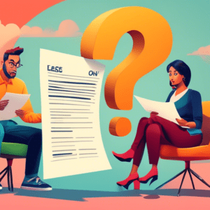 A confused couple looking at a lease agreement with a giant question mark hovering over a rent-to-own checkbox.