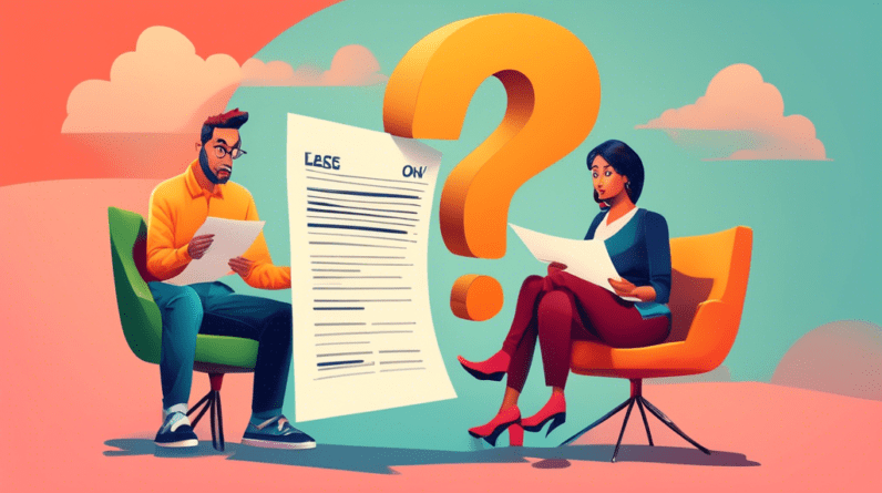 A confused couple looking at a lease agreement with a giant question mark hovering over a rent-to-own checkbox.