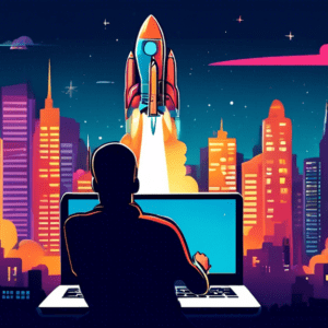 A rocket ship launching from an open laptop with a city skyline in the background.