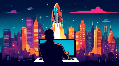 A rocket ship launching from an open laptop with a city skyline in the background.