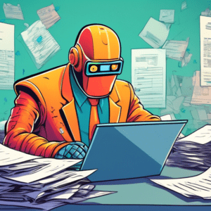 A robot startup founder signing a giant permit application with a frustrated expression as a mountain of paperwork looms behind them.