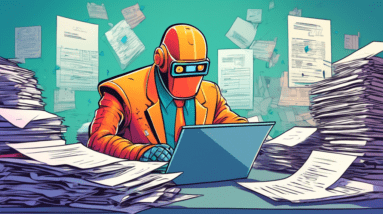 A robot startup founder signing a giant permit application with a frustrated expression as a mountain of paperwork looms behind them.