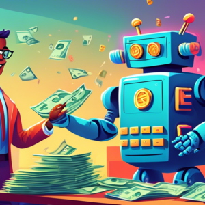 A friendly robot accountant helping a diverse group of excited entrepreneurs calculate deductions on a giant calculator with money stacks and a startup company in the background.