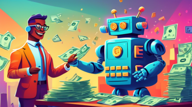 A friendly robot accountant helping a diverse group of excited entrepreneurs calculate deductions on a giant calculator with money stacks and a startup company in the background.