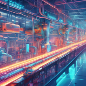 A futuristic, transparent factory with interconnected pipelines and robots efficiently moving products along a glowing path.