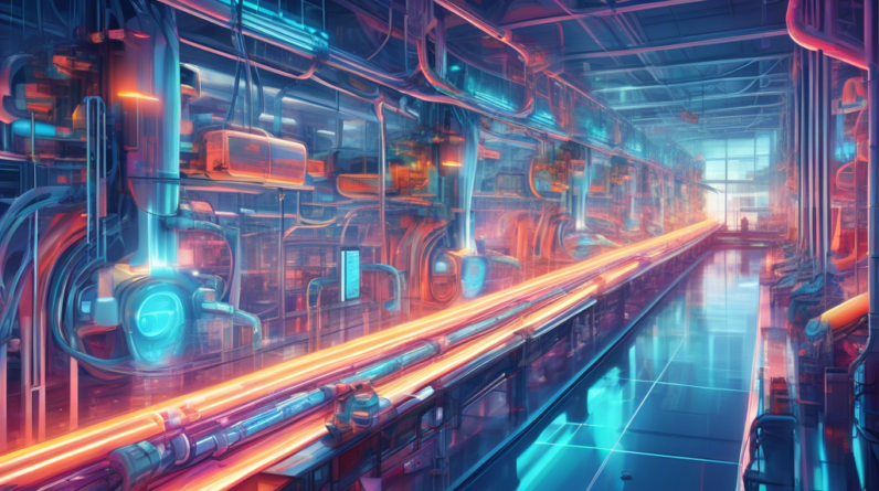 A futuristic, transparent factory with interconnected pipelines and robots efficiently moving products along a glowing path.